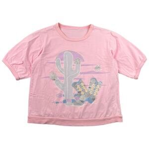Vintage Pink Western Desert Graphic Short Sleeve Top Glitter Cowboy Boots - L